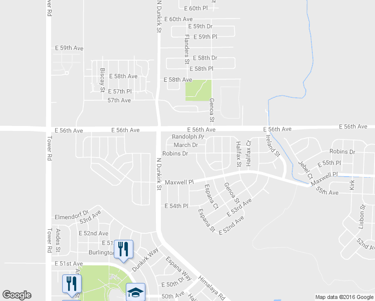 map of restaurants, bars, coffee shops, grocery stores, and more near 19505 Robins Drive in Denver