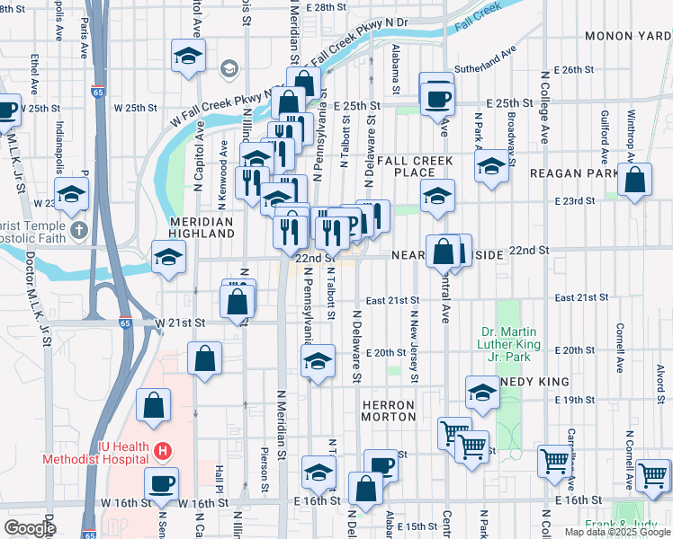 map of restaurants, bars, coffee shops, grocery stores, and more near 2143 North Talbott Street in Indianapolis