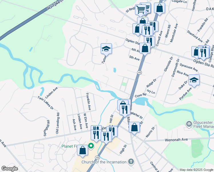map of restaurants, bars, coffee shops, grocery stores, and more near 55 West 1st Avenue in Runnemede