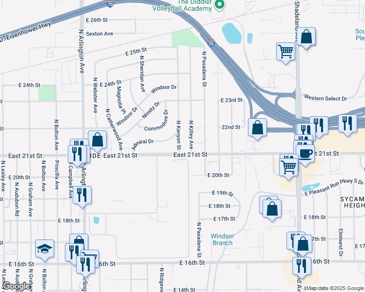 map of restaurants, bars, coffee shops, grocery stores, and more near 6244 East 21st Street in Indianapolis