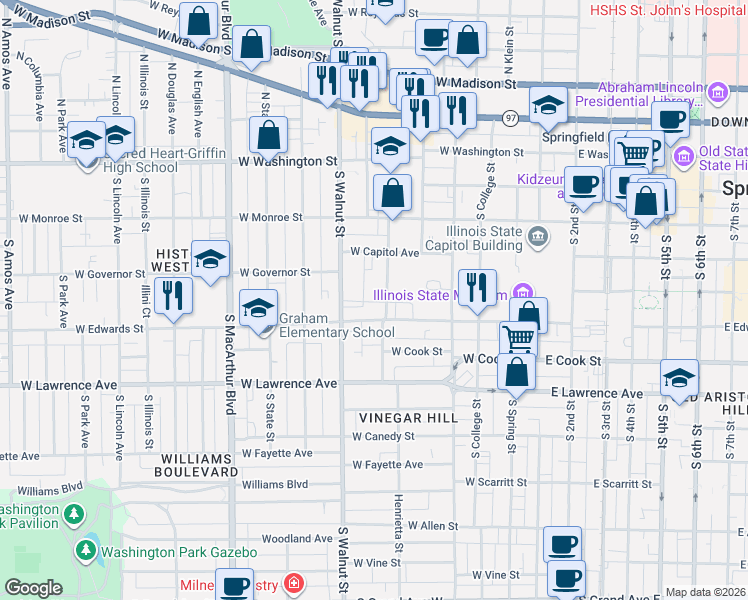 map of restaurants, bars, coffee shops, grocery stores, and more near 509 New Street in Springfield