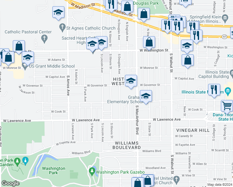 map of restaurants, bars, coffee shops, grocery stores, and more near 529 South Douglas Avenue in Springfield