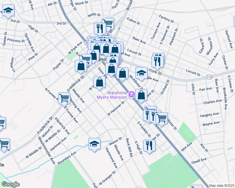 map of restaurants, bars, coffee shops, grocery stores, and more near 208 Ruth Avenue in Hanover