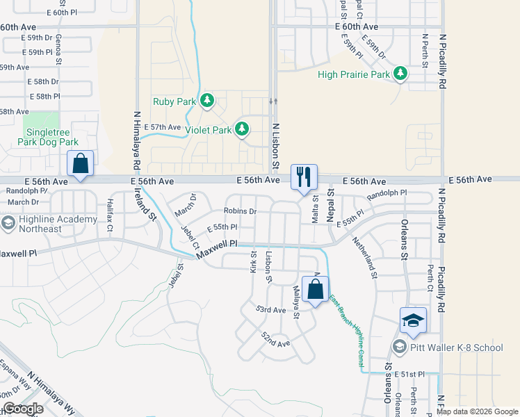 map of restaurants, bars, coffee shops, grocery stores, and more near 5560 Kirk Street in Denver