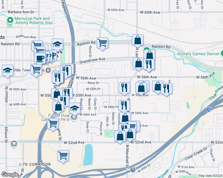 map of restaurants, bars, coffee shops, grocery stores, and more near 6595 West 55th Avenue in Arvada