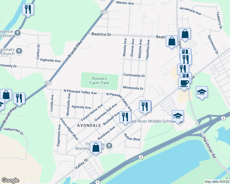 map of restaurants, bars, coffee shops, grocery stores, and more near 2544 Forest Home Avenue in Dayton
