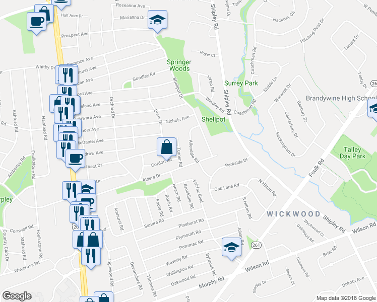 map of restaurants, bars, coffee shops, grocery stores, and more near 2406 Allendale Road in Wilmington