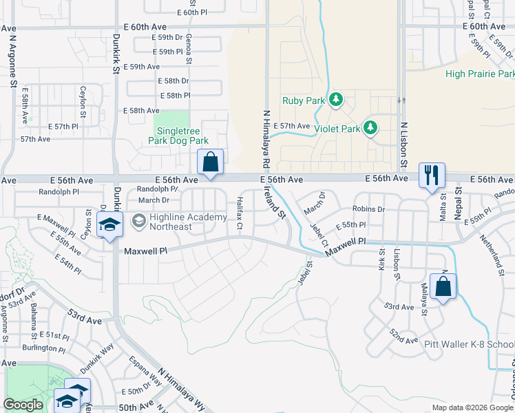 map of restaurants, bars, coffee shops, grocery stores, and more near 20104 Robins Drive in Denver