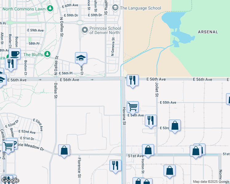 map of restaurants, bars, coffee shops, grocery stores, and more near 5200-5500 Dayton Street in Denver
