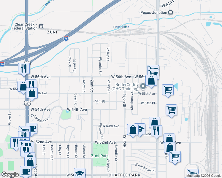 map of restaurants, bars, coffee shops, grocery stores, and more near 2212 West 55th Avenue in Denver