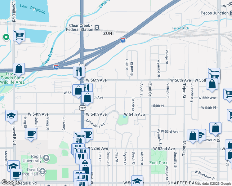 map of restaurants, bars, coffee shops, grocery stores, and more near 2740 West 55th Avenue in Denver