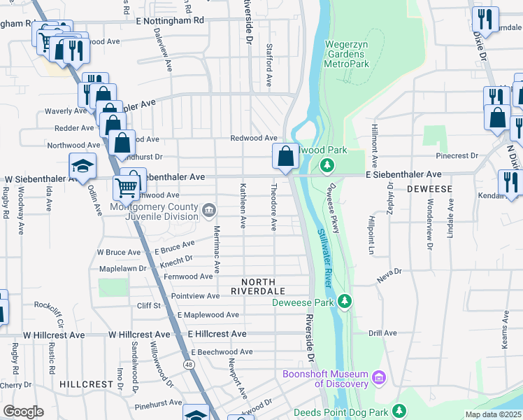 map of restaurants, bars, coffee shops, grocery stores, and more near 336 Ryburn Avenue in Dayton