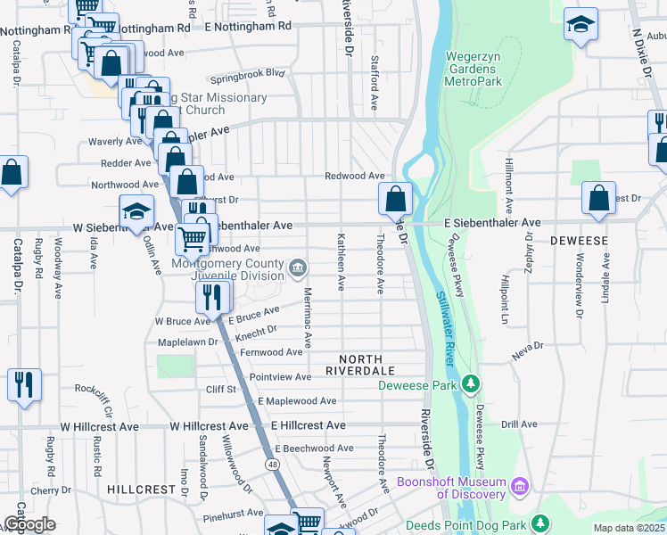 map of restaurants, bars, coffee shops, grocery stores, and more near 302 Ryburn Avenue in Dayton