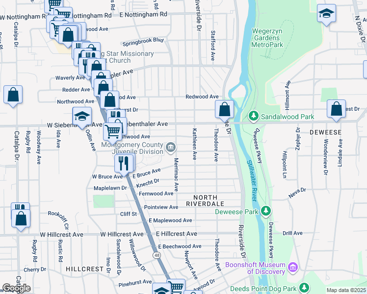 map of restaurants, bars, coffee shops, grocery stores, and more near 210 Ryburn Avenue in Dayton