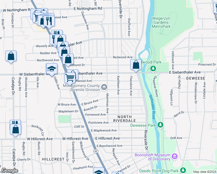 map of restaurants, bars, coffee shops, grocery stores, and more near 210 Ryburn Avenue in Dayton