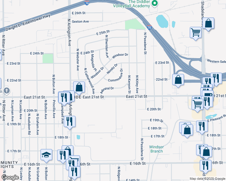 map of restaurants, bars, coffee shops, grocery stores, and more near 6208 East 21st Street in Indianapolis