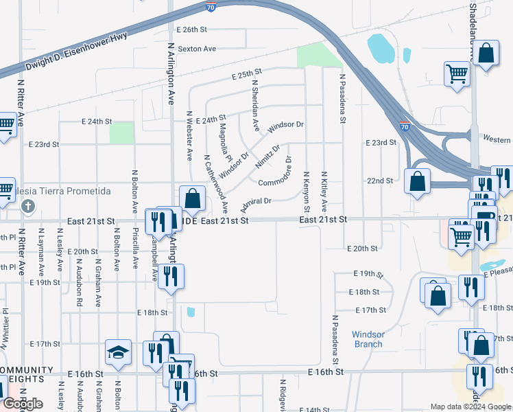 map of restaurants, bars, coffee shops, grocery stores, and more near 6134 East 21st Street in Indianapolis