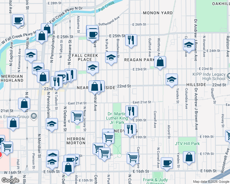 map of restaurants, bars, coffee shops, grocery stores, and more near 2124 Broadway Street in Indianapolis