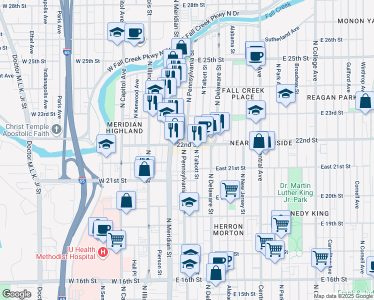 map of restaurants, bars, coffee shops, grocery stores, and more near 2143 North Talbott Street in Indianapolis