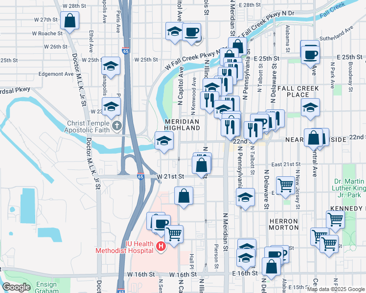map of restaurants, bars, coffee shops, grocery stores, and more near 2151 North Capitol Avenue in Indianapolis
