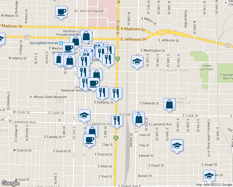 map of restaurants, bars, coffee shops, grocery stores, and more near 513 South 9th Street in Springfield