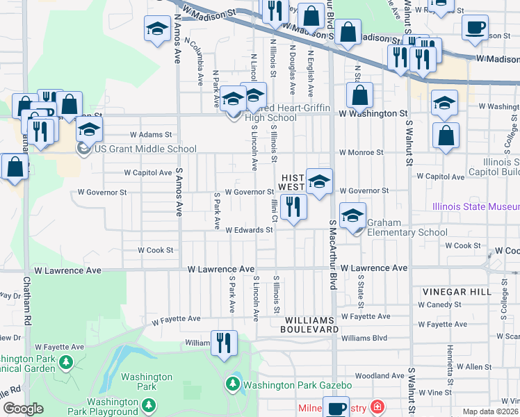 map of restaurants, bars, coffee shops, grocery stores, and more near 524 South Lincoln Avenue in Springfield