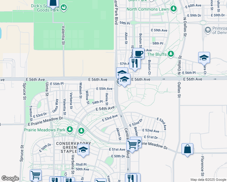 map of restaurants, bars, coffee shops, grocery stores, and more near 5477 Central Park Boulevard in Denver