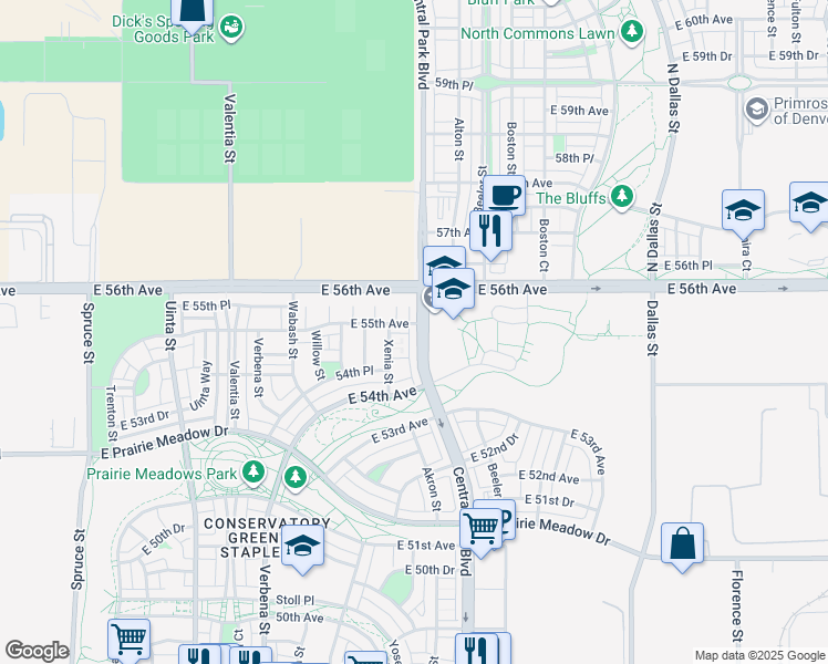 map of restaurants, bars, coffee shops, grocery stores, and more near 5477 Central Park Boulevard in Denver