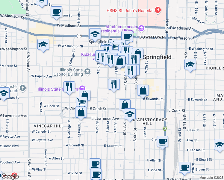 map of restaurants, bars, coffee shops, grocery stores, and more near 520 South 2nd Street in Springfield