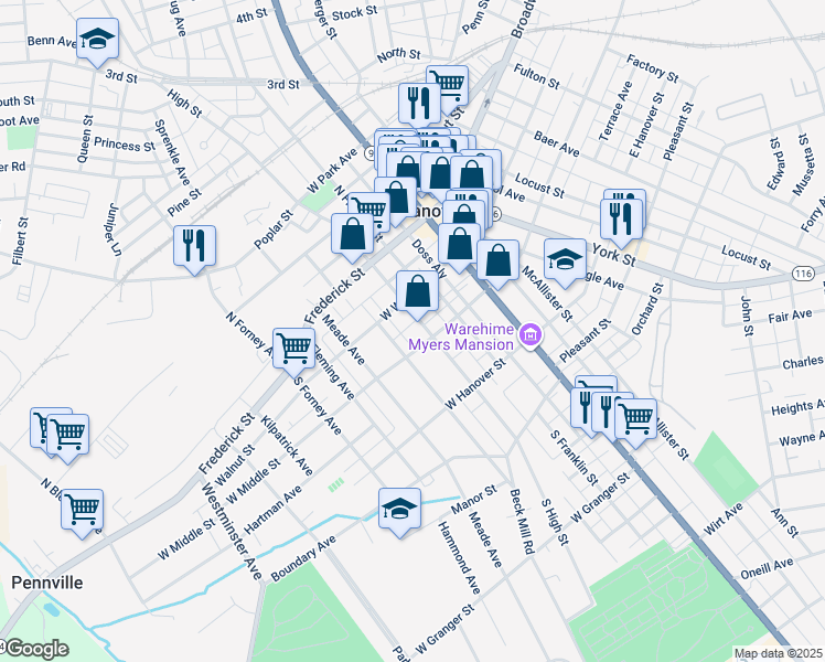 map of restaurants, bars, coffee shops, grocery stores, and more near 121 Centennial Avenue in Hanover