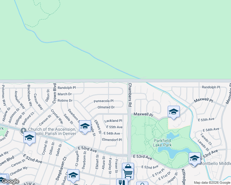 map of restaurants, bars, coffee shops, grocery stores, and more near 15061 Pensacola Place in Denver