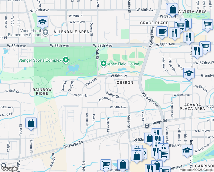 map of restaurants, bars, coffee shops, grocery stores, and more near 10330 West 55th Lane in Arvada