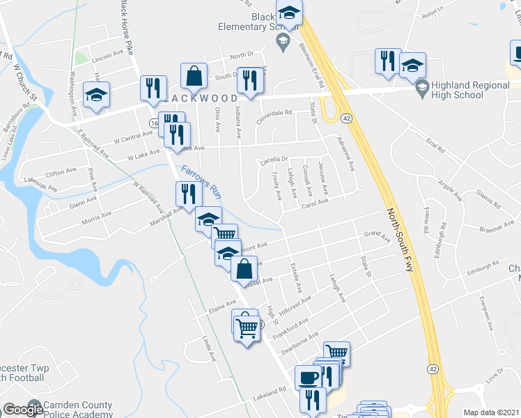 map of restaurants, bars, coffee shops, grocery stores, and more near 189 Indiana Avenue in Gloucester Township
