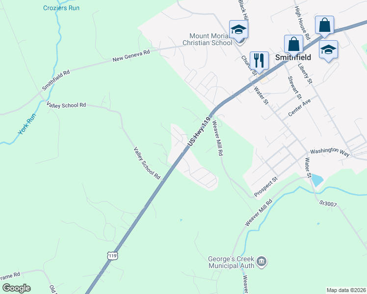 map of restaurants, bars, coffee shops, grocery stores, and more near 3542 Morgantown Road in Smithfield