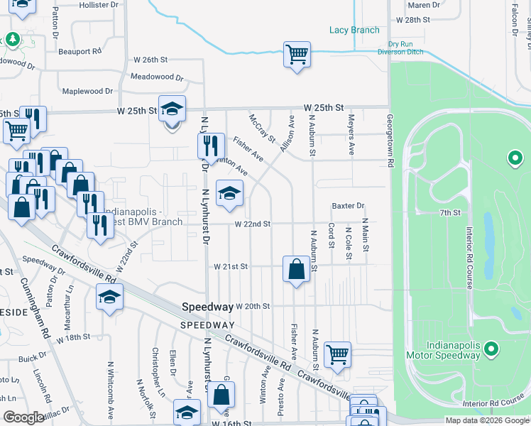 map of restaurants, bars, coffee shops, grocery stores, and more near 5101 West 22nd Street in Indianapolis