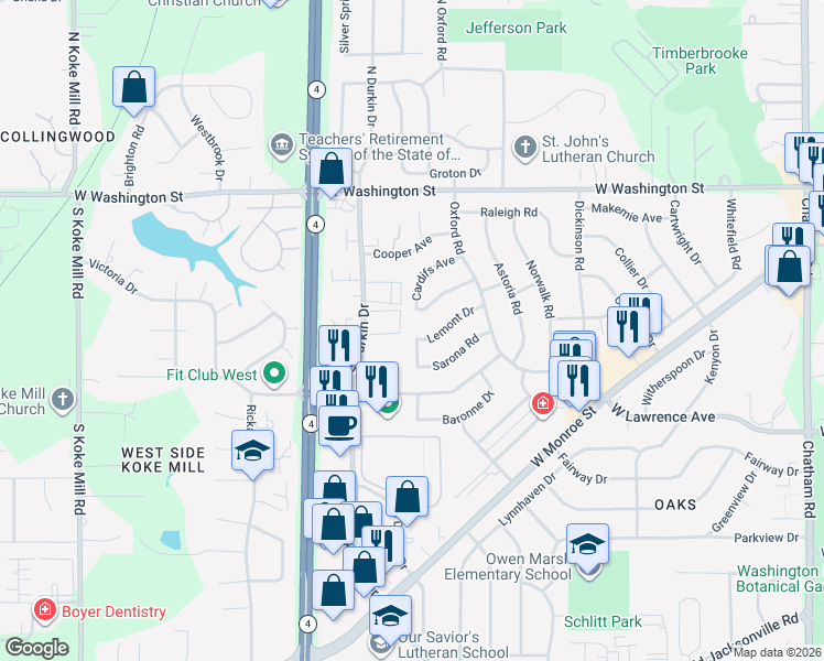 map of restaurants, bars, coffee shops, grocery stores, and more near 401-499 Avondale Drive in Springfield