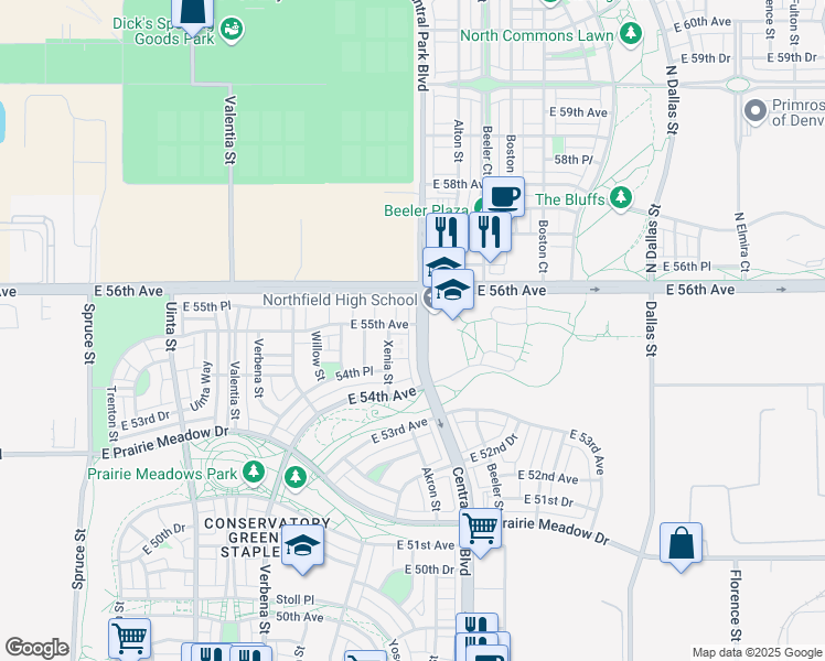 map of restaurants, bars, coffee shops, grocery stores, and more near 5481 Central Park Boulevard in Denver