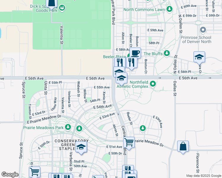 map of restaurants, bars, coffee shops, grocery stores, and more near 5481 Central Park Boulevard in Denver