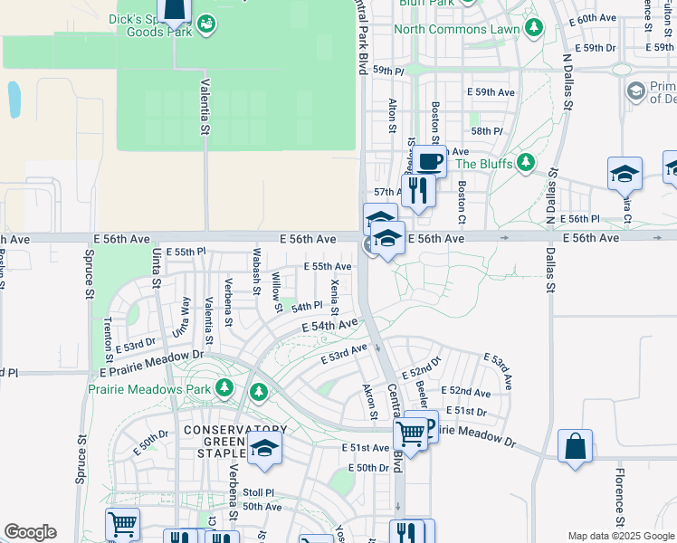 map of restaurants, bars, coffee shops, grocery stores, and more near 8802 East 55th Avenue in Denver