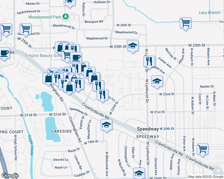 map of restaurants, bars, coffee shops, grocery stores, and more near 2226 Hermitage Way in Speedway