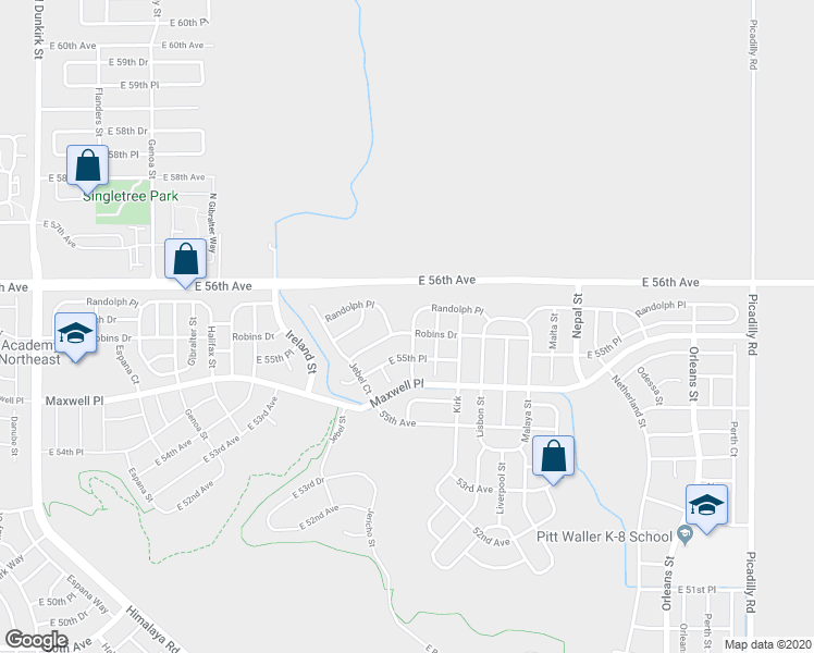 map of restaurants, bars, coffee shops, grocery stores, and more near 5555 Killarney Street in Denver