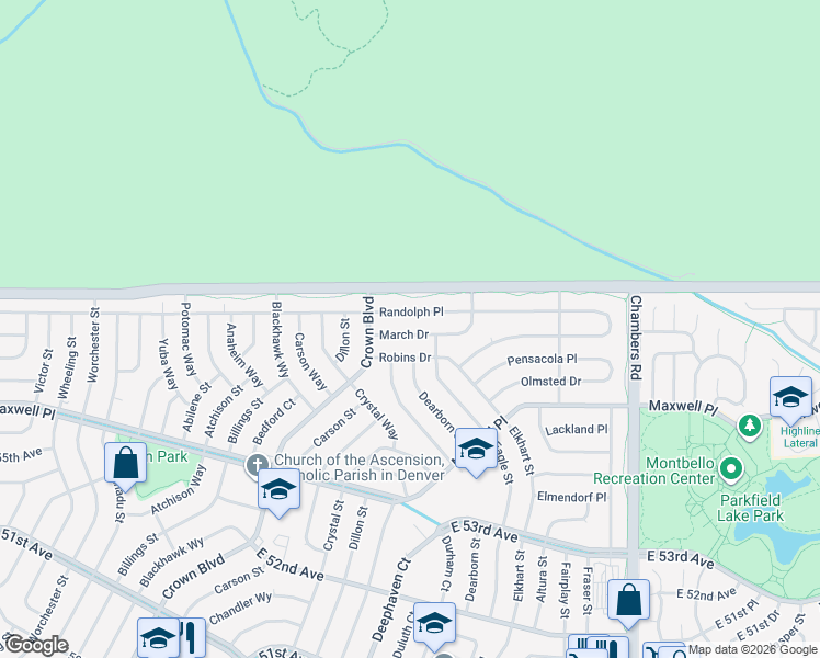 map of restaurants, bars, coffee shops, grocery stores, and more near 14595 Robins Drive in Denver