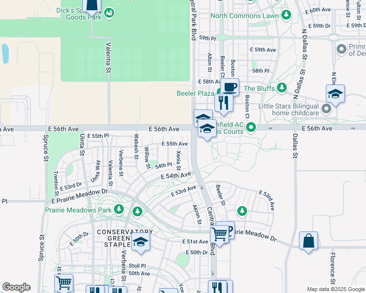 map of restaurants, bars, coffee shops, grocery stores, and more near 5473 Xenia Street in Denver