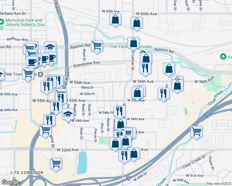 map of restaurants, bars, coffee shops, grocery stores, and more near 5503 Marshall Street in Arvada