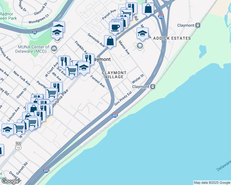 map of restaurants, bars, coffee shops, grocery stores, and more near 317 Forrest Avenue in Claymont