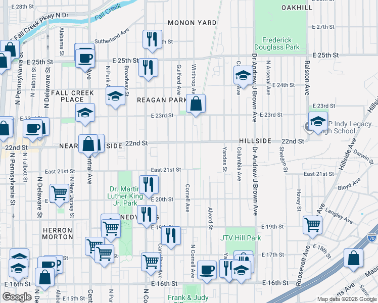 map of restaurants, bars, coffee shops, grocery stores, and more near 1002 West 21st Street in Indianapolis