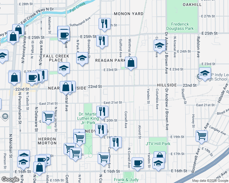 map of restaurants, bars, coffee shops, grocery stores, and more near 2120 Carrollton Avenue in Indianapolis