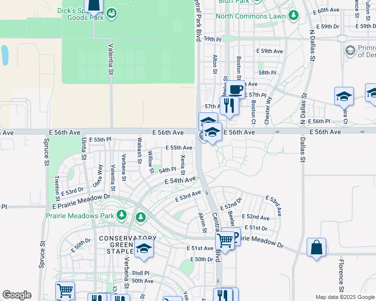 map of restaurants, bars, coffee shops, grocery stores, and more near 8802 East 55th Avenue in Denver