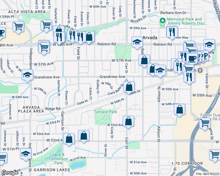 map of restaurants, bars, coffee shops, grocery stores, and more near 8520 West 55th Drive in Arvada