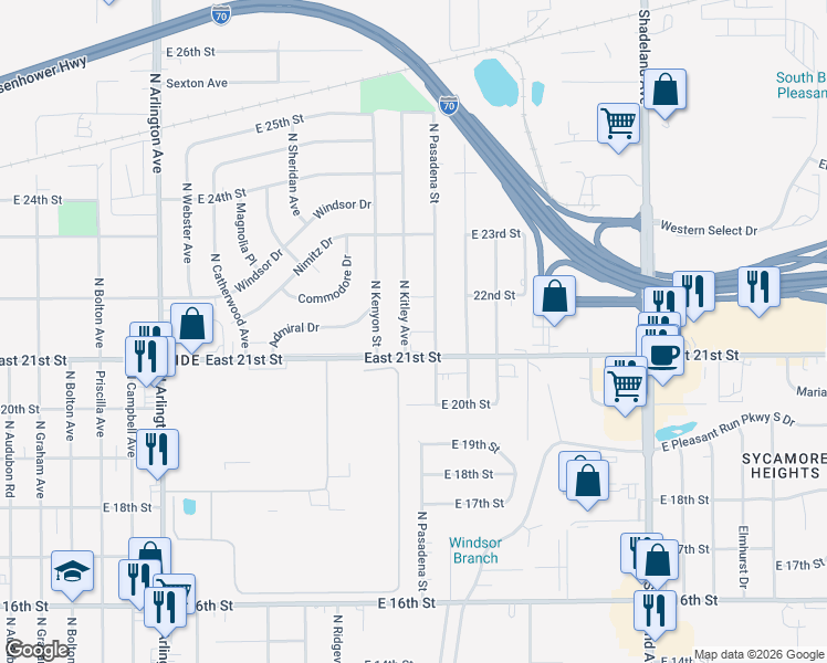 map of restaurants, bars, coffee shops, grocery stores, and more near E Alley 2150 North in Indianapolis